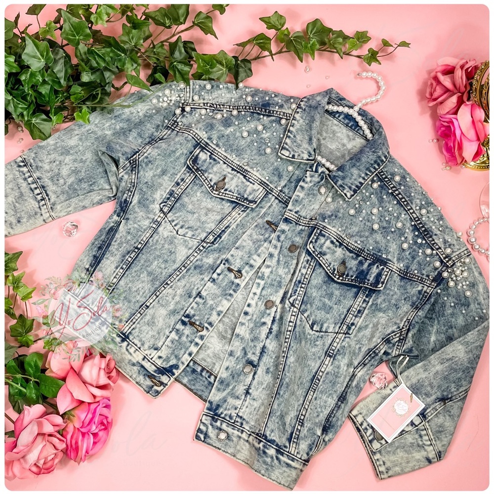 Denim Jacket Pearl Embellished Jean Jacket (Pearl Hanger included)